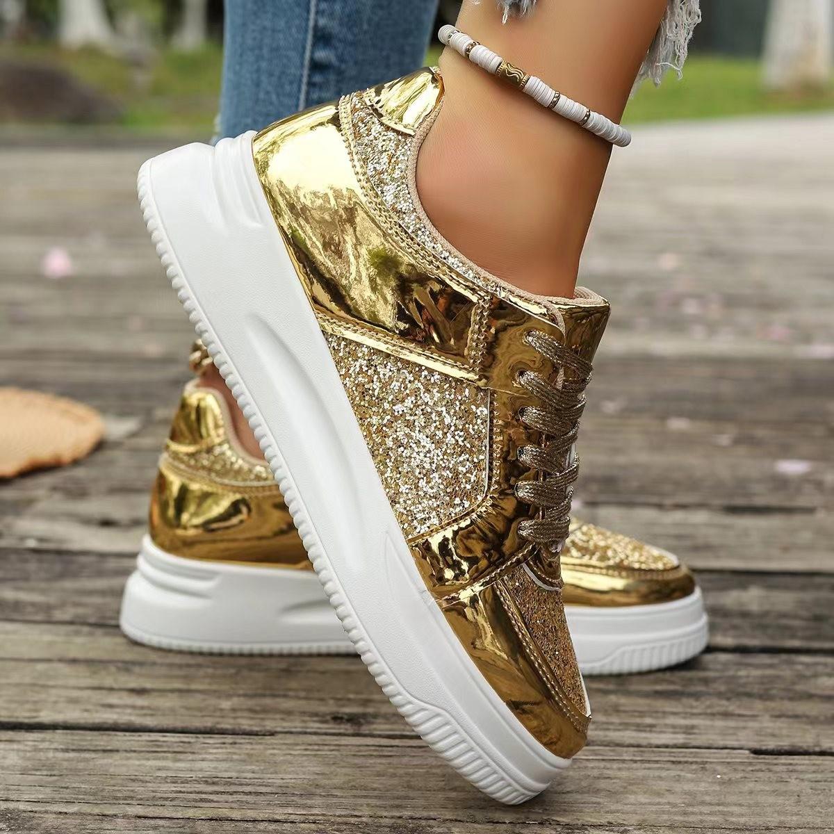 Damen Plateau-Sneakers mit Paillettenbesatz für Paare, lässige Schnürschuhe, Übergröße 39 gold von Joom DACH