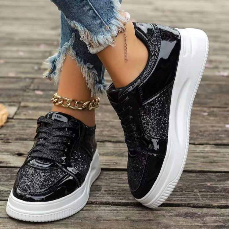 Damen Plateau-Sneakers mit Paillettenbesatz für Paare, lässige Schnürschuhe, Übergröße 42 schwarz von Joom DACH