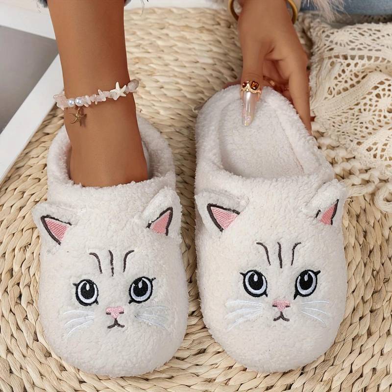 Damen Plüsch-Slipper zum Hineinschlüpfen mit Katzen-Design - Weiches Plüschgewebe Niedliche Cartoon-Kätzchen Hausschuhe 40-41 von Joom DACH