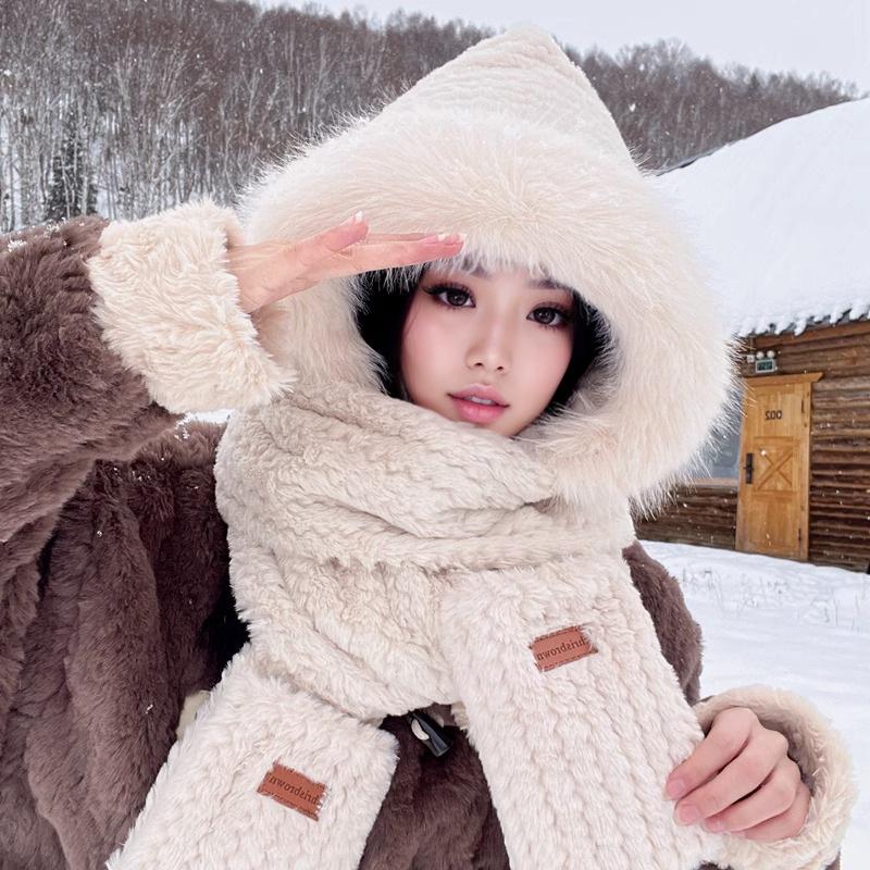 Damen Plüsch Winter Komplettset: Bärenmütze mit Schal & Handschuhen - Koreanischer Outdoor-Radfahrstil Adjustable von Joom DACH