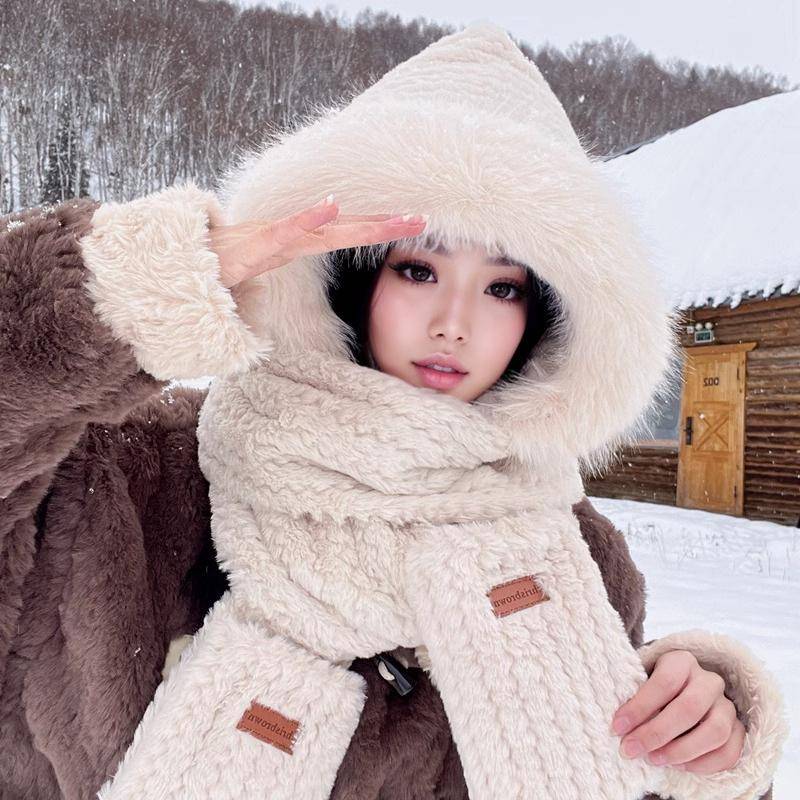 Damen Plüsch Winter Komplettset: Bärenmütze mit Schal & Handschuhen - Koreanischer Outdoor-Radfahrstil Adjustable von Joom DACH