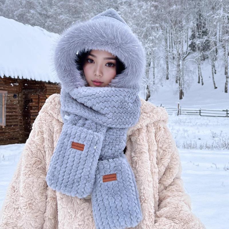 Damen Plüsch Winter Komplettset: Bärenmütze mit Schal & Handschuhen - Koreanischer Outdoor-Radfahrstil Adjustable von Joom DACH