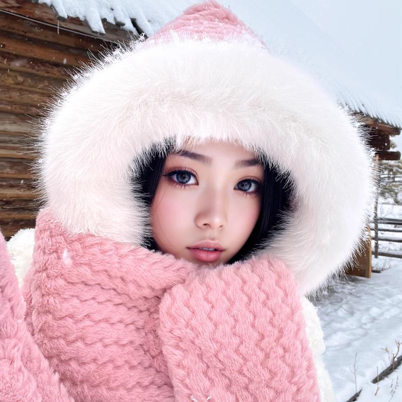 Damen Plüsch Winter Komplettset: Bärenmütze mit Schal & Handschuhen - Koreanischer Outdoor-Radfahrstil Adjustable von Joom DACH