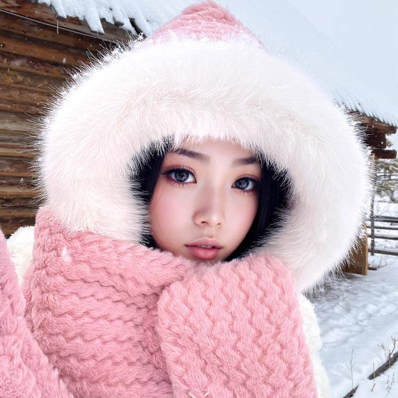 Damen Plüsch Winter Komplettset: Bärenmütze mit Schal & Handschuhen - Koreanischer Outdoor-Radfahrstil Adjustable von Joom DACH