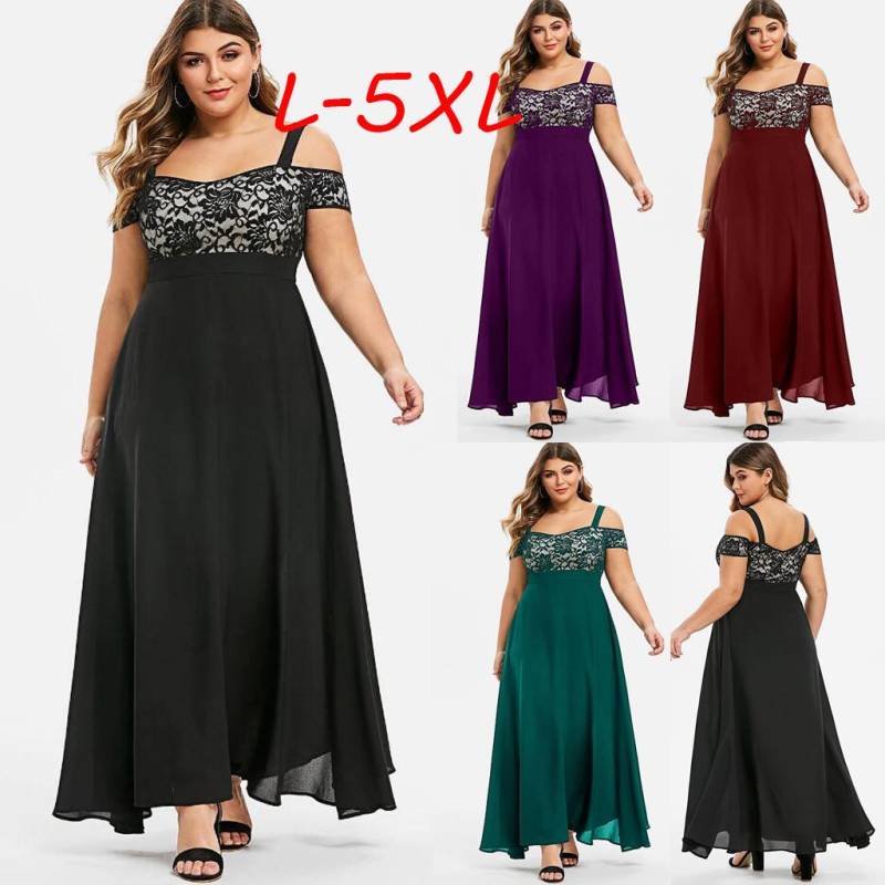 Damen Plus Size Kalte Schulter Blumenspitze Maxi Party Abend Camis Langes Kleid L schwarz von Joom DACH