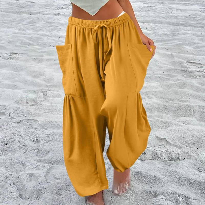 Damen Plus Size Leinenhose mit weitem Bein, mittlere Taille, Sommer-Baggy-Hose L gelb von Joom DACH