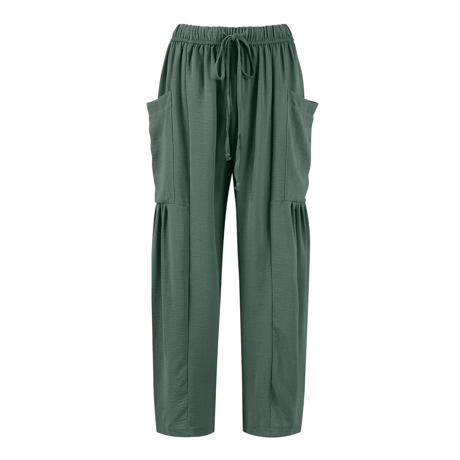 Damen Plus Size Leinenhose mit weitem Bein, mittlere Taille, Sommer-Baggy-Hose XL grün von Joom DACH