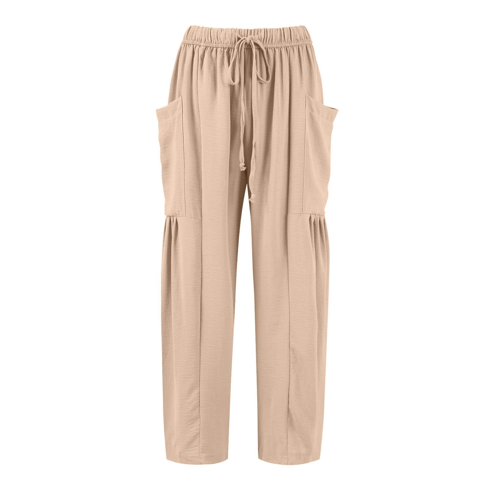 Damen Plus Size Leinenhose mit weitem Bein, mittlere Taille, Sommer-Baggy-Hose XL khaki von Joom DACH