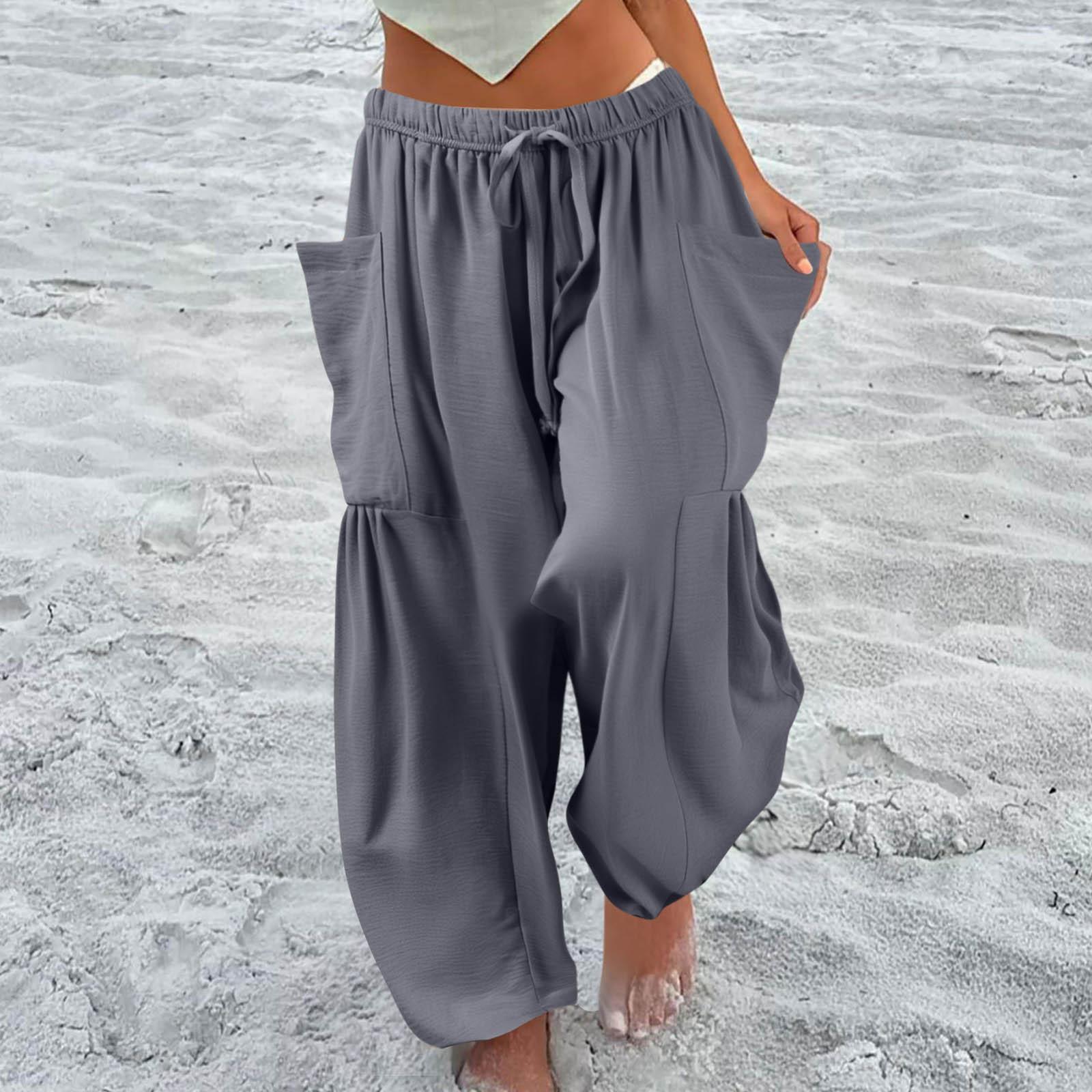 Damen Plus Size Leinenhose mit weitem Bein, mittlere Taille, Sommer-Baggy-Hose XL graue von Joom DACH