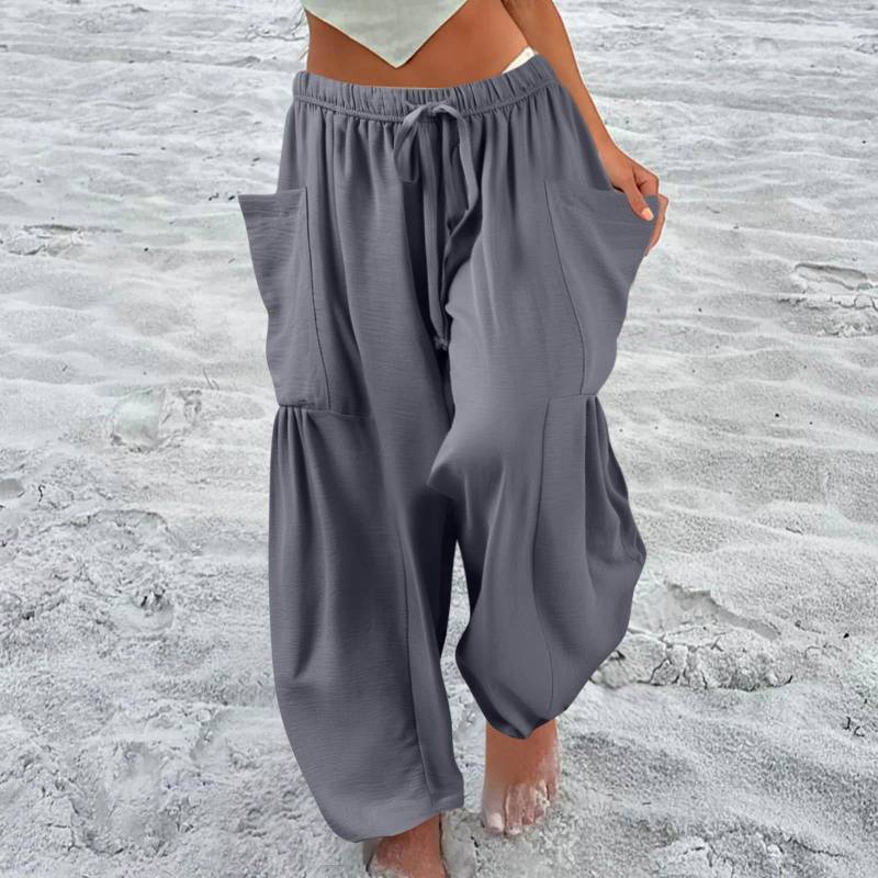 Damen Plus Size Leinenhose mit weitem Bein, mittlere Taille, Sommer-Baggy-Hose XL graue von Joom DACH