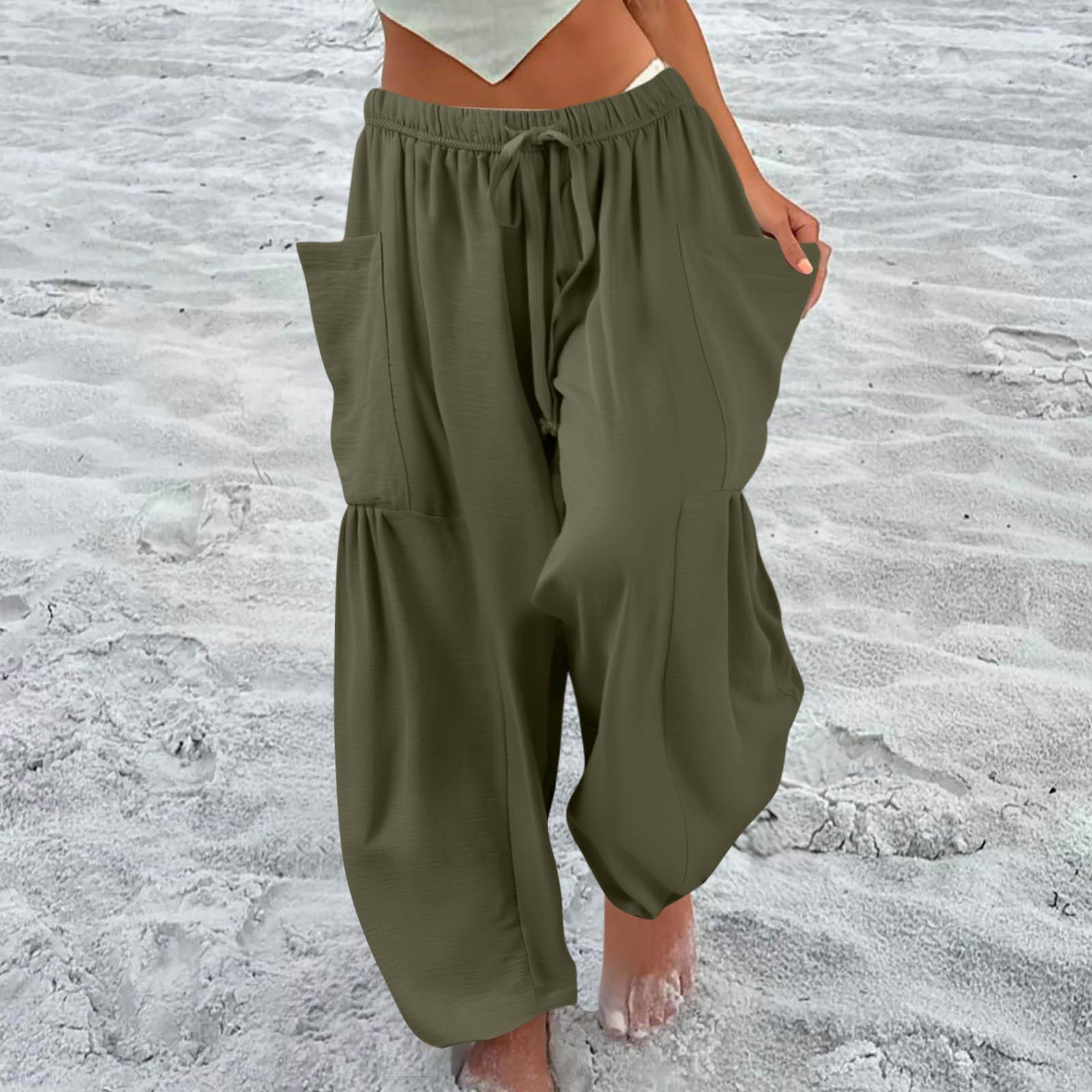 Damen Plus Size Leinenhose mit weitem Bein, mittlere Taille, Sommer-Baggy-Hose XL dunkelgrüne von Joom DACH