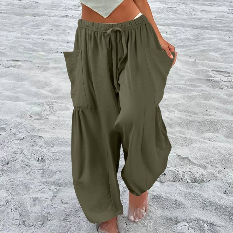 Damen Plus Size Leinenhose mit weitem Bein, mittlere Taille, Sommer-Baggy-Hose XL dunkelgrüne von Joom DACH