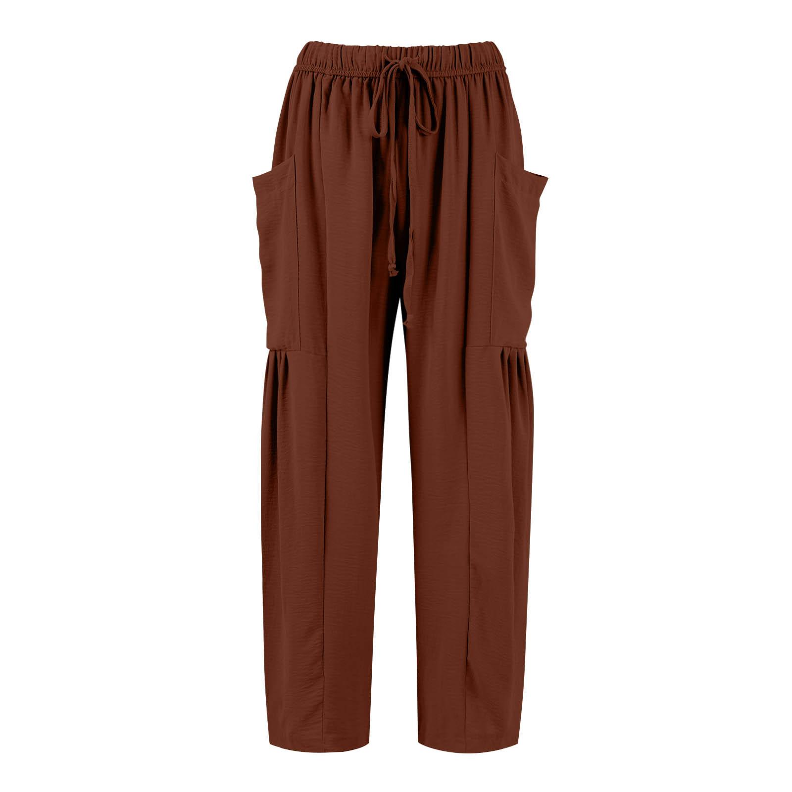 Damen Plus Size Leinenhose mit weitem Bein, mittlere Taille, Sommer-Baggy-Hose XXL kaffeebraun von Joom DACH