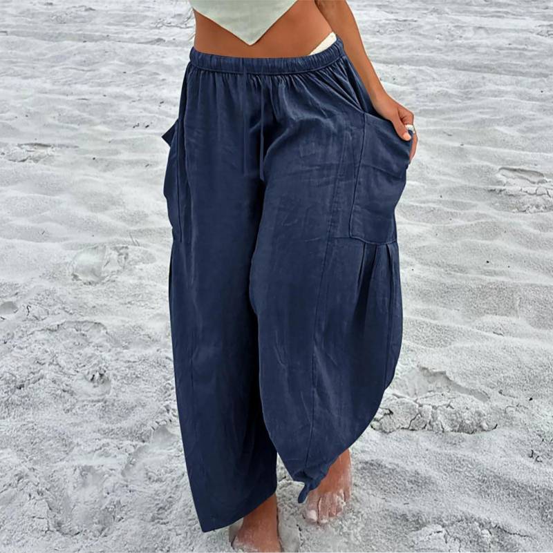 Damen Plus Size Leinenhose mit weitem Bein, mittlere Taille, Sommer-Baggy-Hose XXXL dunkelblaue von Joom DACH