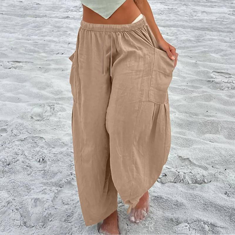 Damen Plus Size Leinenhose mit weitem Bein, mittlere Taille, Sommer-Baggy-Hose XXXL khaki von Joom DACH