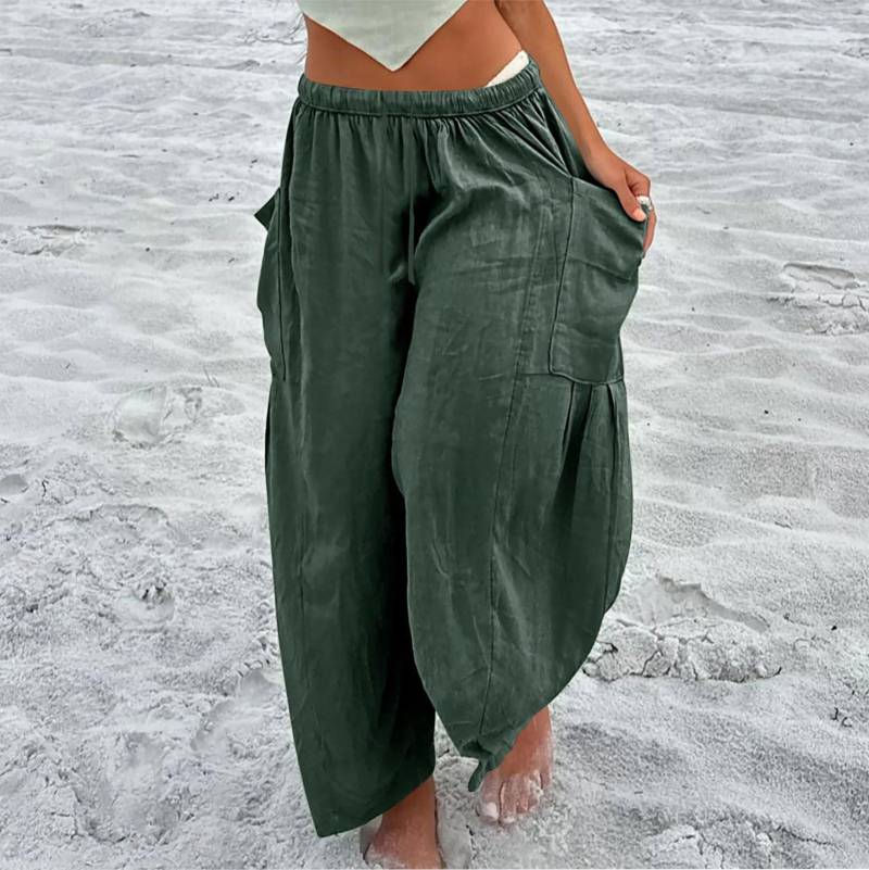 Damen Plus Size Leinenhose mit weitem Bein, mittlere Taille, Sommer-Baggy-Hose XXXL grün von Joom DACH