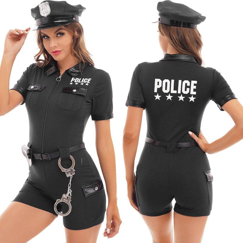 Damen-Polizeibeamten-Uniform-Outfits, Halloween-Cosplay-Kostüm mit Gürtel, Handtasche, Hutmanschetten XXL von Joom DACH