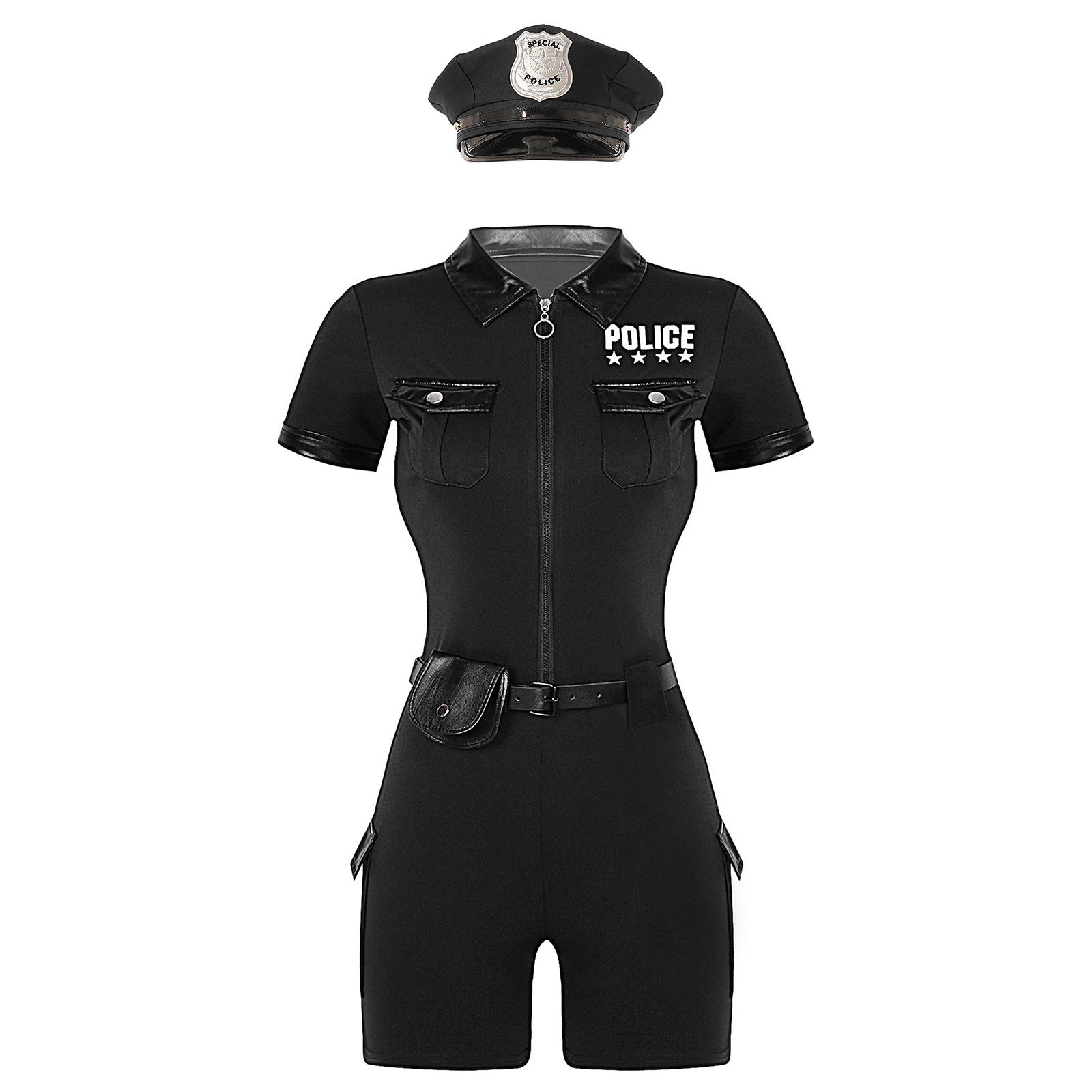 Damen Polizistin Kostümset Reißverschluss Kurzarm Jumpsuit Gürtel Geldbörse Hut Accessoires Rollenspiel Uniform 4XL von Joom DACH