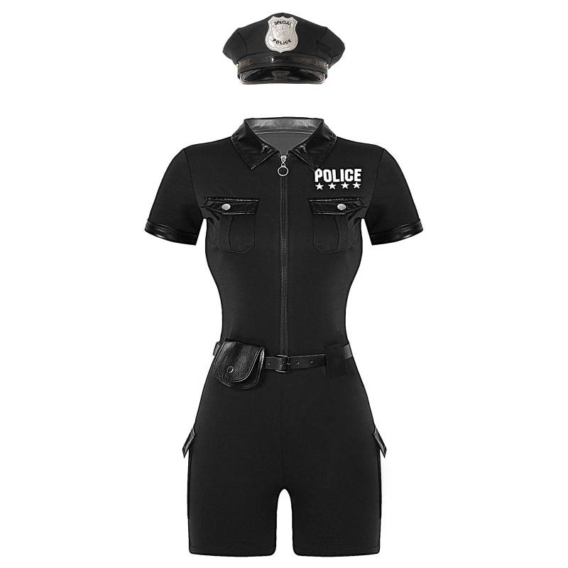 Damen Polizistin Kostümset Reißverschluss Kurzarm Jumpsuit Gürtel Geldbörse Hut Accessoires Rollenspiel Uniform 4XL von Joom DACH