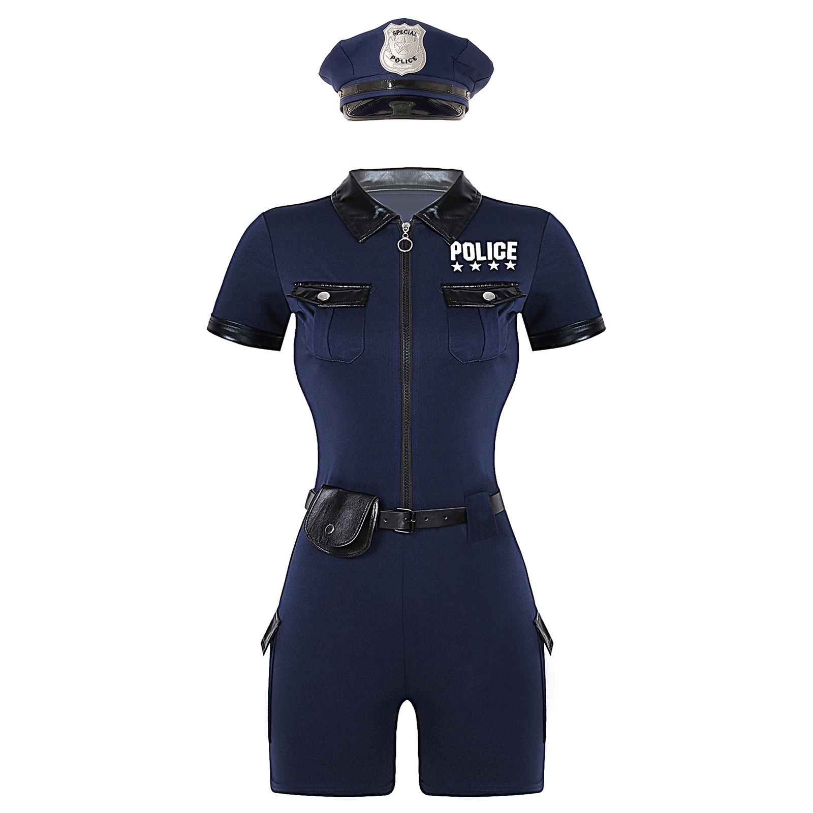 Damen Polizistin Kostümset Reißverschluss Kurzarm Jumpsuit Gürtel Geldbörse Hut Accessoires Rollenspiel Uniform L navy blau von Joom DACH
