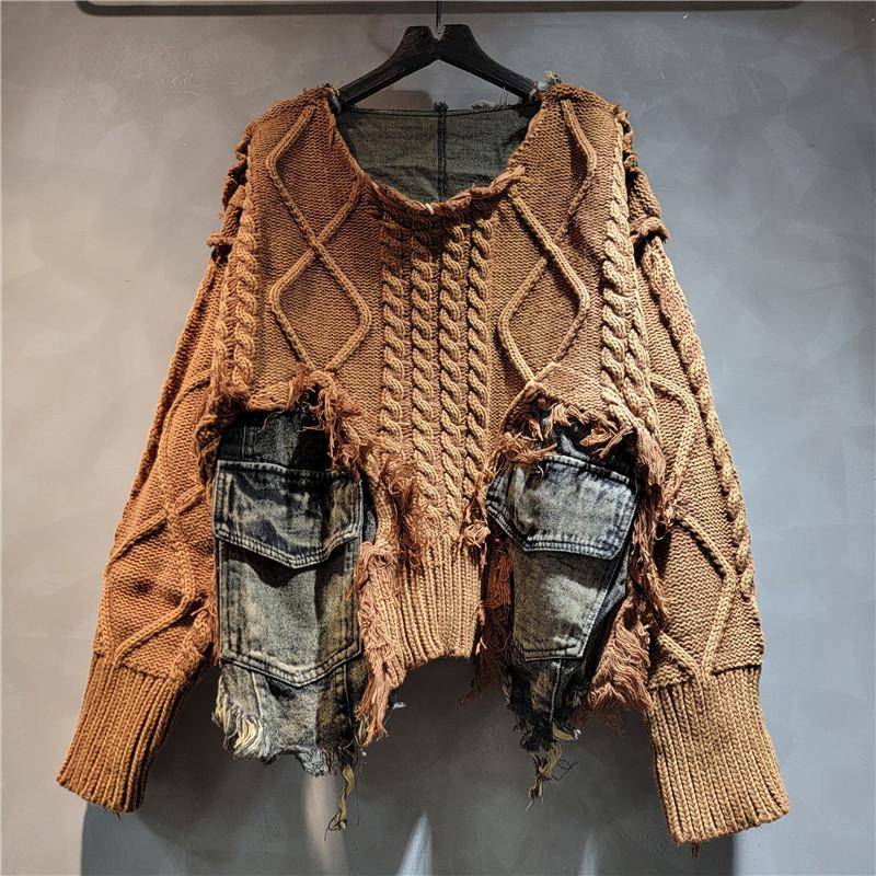 Damen Pullover Langarm Unregelmäßig Do Old Patchwork Taschen Vintage Gewaschener Denim Pullover 2XL von Joom DACH