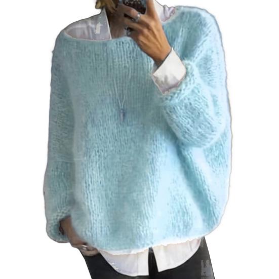 Damen Pullover Rundhals Langarm Locker Geschnitten Strickoberteile Atmungsaktiv Lockerer Saum Einfarbig Strickware 2XL blau von Joom DACH