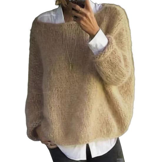 Damen Pullover Rundhals Langarm Locker Geschnitten Strickoberteile Atmungsaktiv Lockerer Saum Einfarbig Strickware L khaki von Joom DACH
