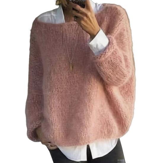 Damen Pullover Rundhals Langarm Locker Geschnitten Strickoberteile Atmungsaktiv Lockerer Saum Einfarbig Strickware L rosa von Joom DACH