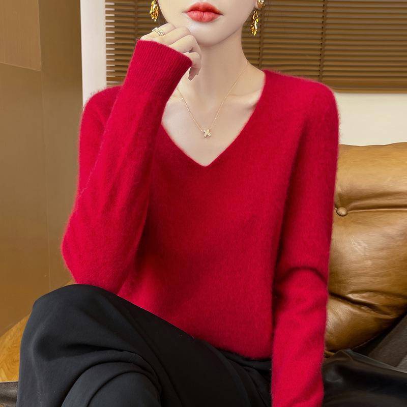 Damen-Pullover aus 100 % reiner Wolle, locker gestrickt, für Herbst/Winter V-neck, XXL Kirschrot/rot von Joom DACH