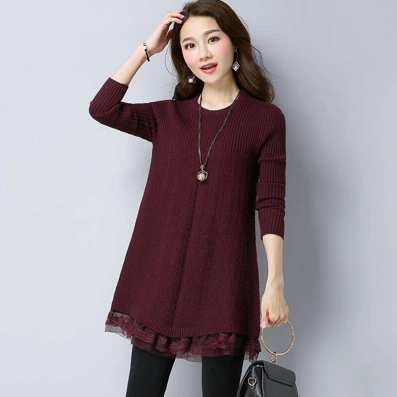 Damen Pullover in Übergröße, Spitzenpulloverkleid, einfarbig, lockere Pullover mit langen Ärmeln M rot von Joom DACH