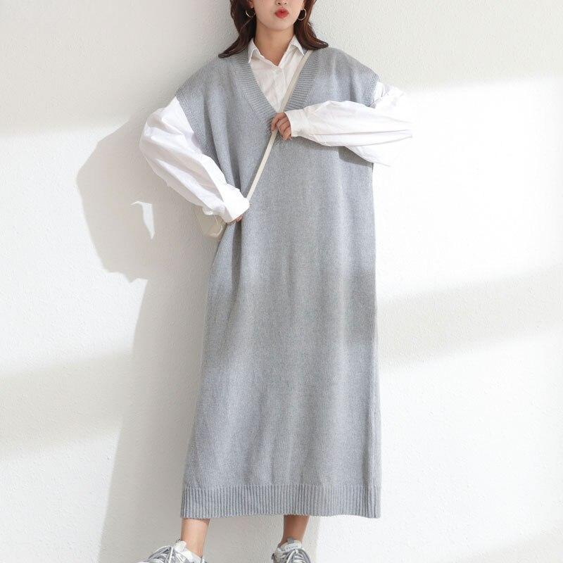 Damen Pulloverkleid Winter Herbst Übergröße Neu Strick Ärmellose Weste V-Ausschnitt Weiblich Basic Uni Locker Überwurf One Size grau von Joom DACH