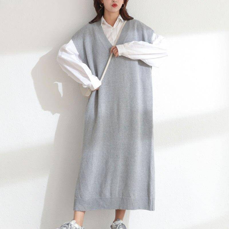 Damen Pulloverkleid Winter Herbst Übergröße Neu Strick Ärmellose Weste V-Ausschnitt Weiblich Basic Uni Locker Überwurf One Size grau von Joom DACH