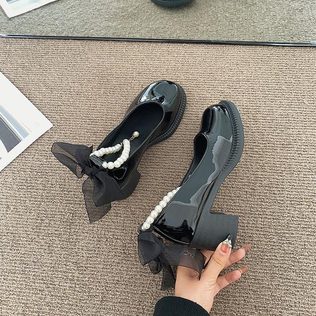 Damen Pumps Leder High Heels 6cm Runde Zehen Lolita Style Retro Schleife Perle Schwarz Beige Mary Janes Straßenschuhe für Damen 38 schwarz von Joom DACH