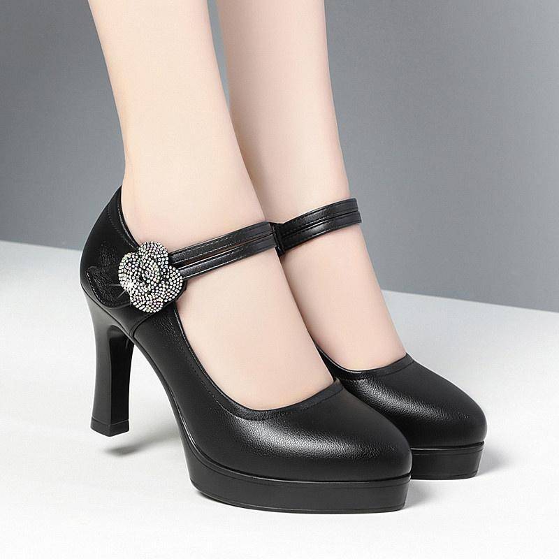 Damen Pumps Spitzschuh Büro Weiches Leder Blume Schnalle Riemen Plateau Hohe Absätze Vier Jahreszeiten Flachmündig Einzelne Schuhe 35 von Joom DACH