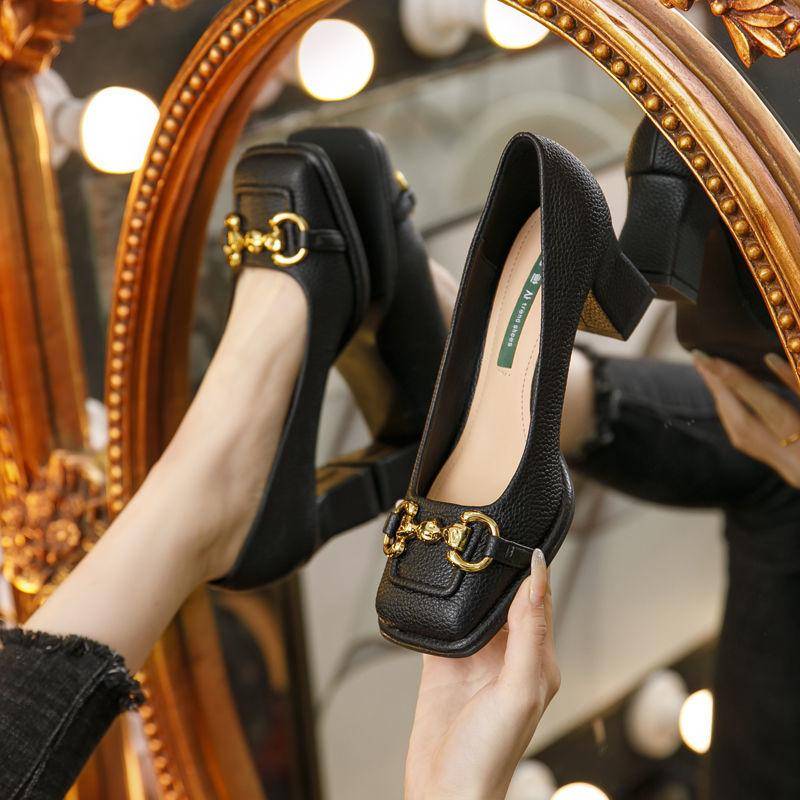 Damen Pumps mit mittelhohem Absatz, 5,5 cm, Spring Cover Heel, dicker Absatz, quadratische Zehenpartie, Tacones Mary Jane Schuhe, Schwarz, Grün, Talon Femme 39 schwarz von Joom DACH