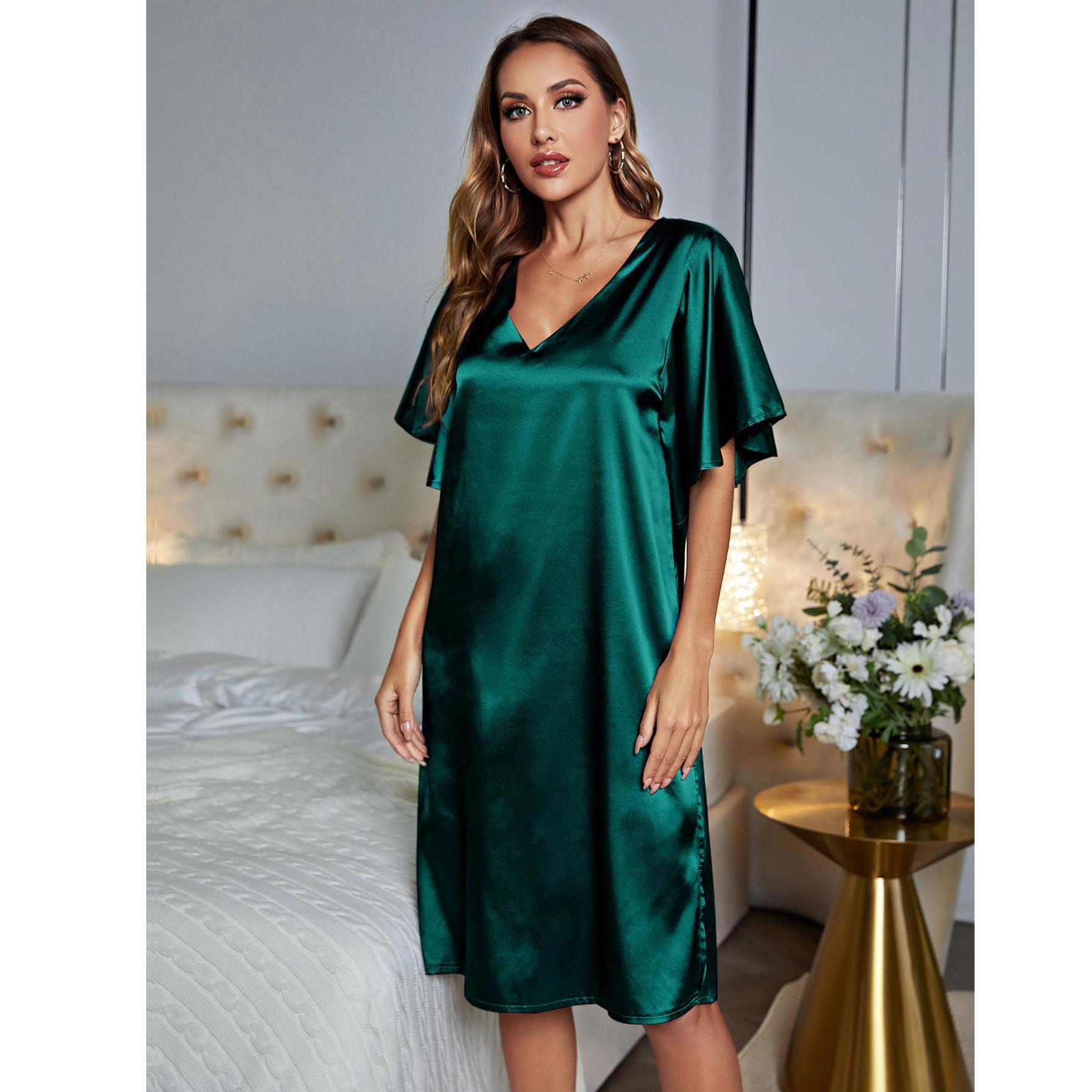 Damen-Pyjama, Satin, V-Ausschnitt, Nachthemd, kurze Ärmel, lockeres Schlafkleid, Sommer, bequem, lässig, Zuhause, Loungewear L grün von Joom DACH