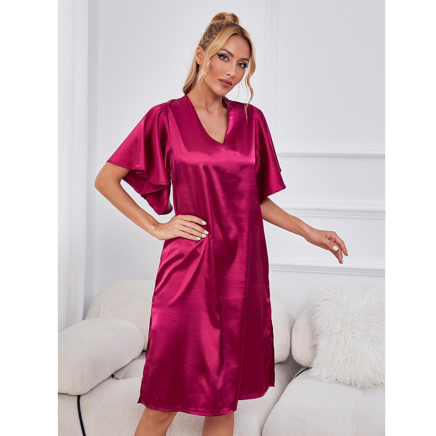 Damen-Pyjama, Satin, V-Ausschnitt, Nachthemd, kurze Ärmel, lockeres Schlafkleid, Sommer, bequem, lässig, Zuhause, Loungewear L rose rot von Joom DACH