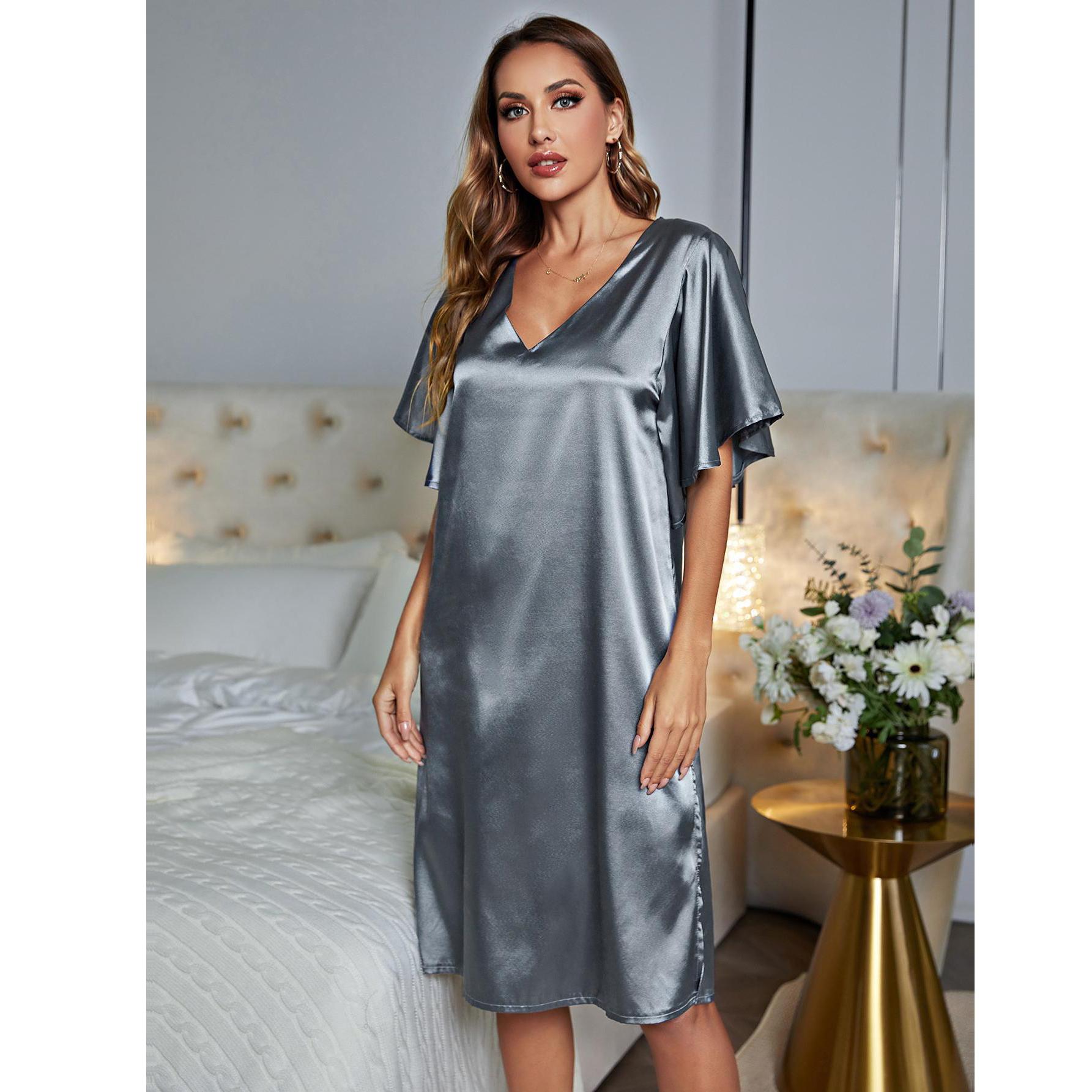 Damen-Pyjama, Satin, V-Ausschnitt, Nachthemd, kurze Ärmel, lockeres Schlafkleid, Sommer, bequem, lässig, Zuhause, Loungewear XL blau von Joom DACH