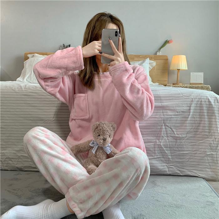 Damen-Pyjama, zweiteiliger Anzug, Herbst und Winter, Korallensamt, einfarbig, plus Samtverdickung, süßes Flanell, warmes Zuhause-Set M rosa von Joom DACH