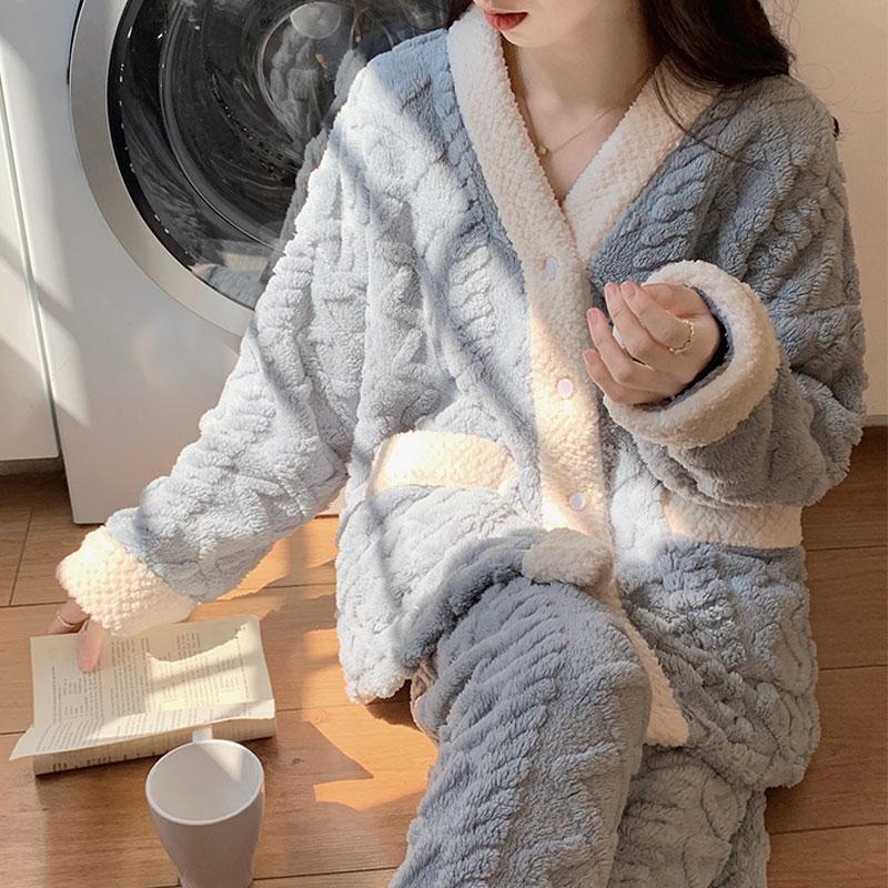 Damen Pyjama Damen Winter Flanell Pyjama Set Fleece Pyjama Nachtwäsche Dicker Warmer Samt Damen Homewear Anzug Süßer Süßer Pijama L von Joom DACH