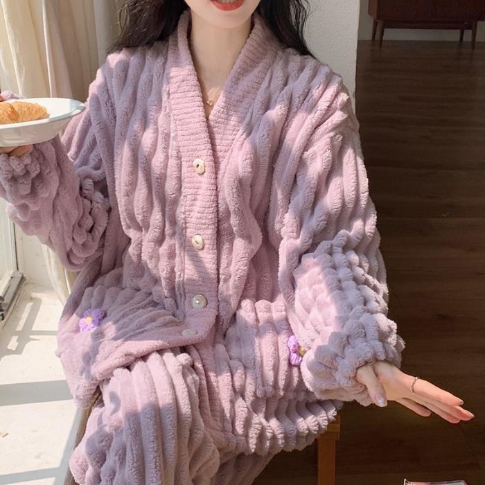 Damen Pyjama Damen Winter Flanell Pyjama Set Fleece Pyjama Nachtwäsche Dicker Warmer Samt Damen Homewear Anzug Süßer Süßer Pijama M von Joom DACH
