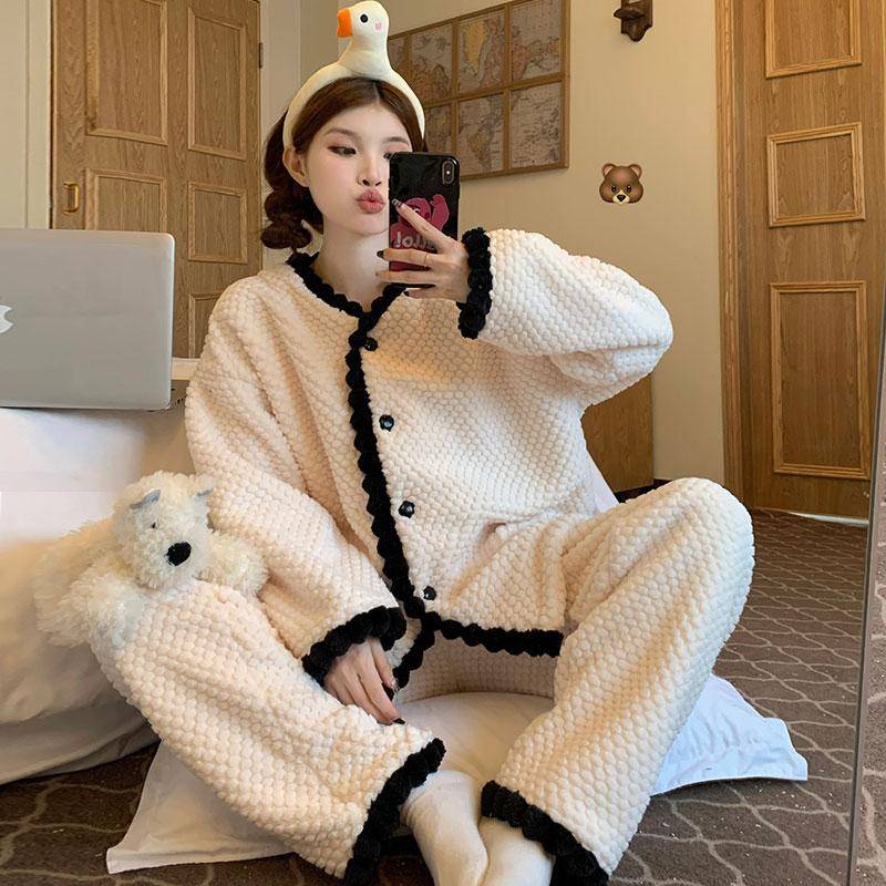 Damen Pyjama Damen Winter Flanell Pyjama Set Fleece Pyjama Nachtwäsche Dicker Warmer Samt Damen Homewear Anzug Süßer Süßer Pijama XXL von Joom DACH