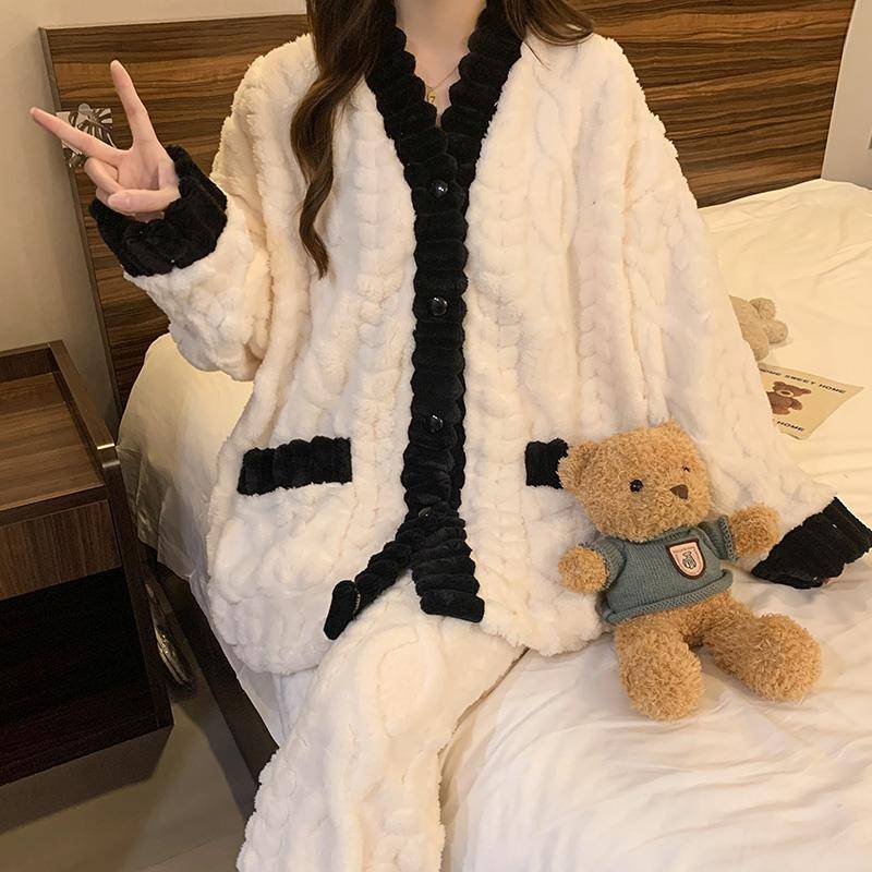 Damen Pyjama Damen Winter Flanell Pyjama Set Fleece Pyjama Nachtwäsche Dicker Warmer Samt Damen Homewear Anzug Süßer Süßer Pijama XXL von Joom DACH