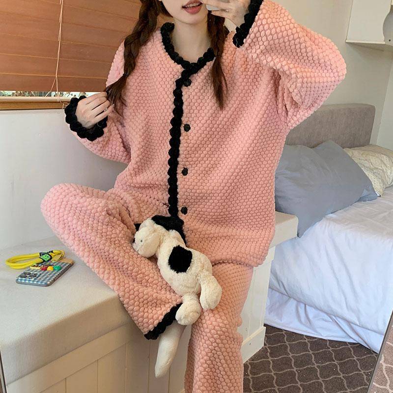 Damen Pyjama Damen Winter Flanell Pyjama Set Fleece Pyjama Nachtwäsche Dicker Warmer Samt Damen Homewear Anzug Süßer Süßer Pijama XXL von Joom DACH