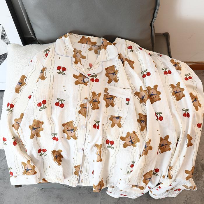 Damen Pyjama Herbst Frühling Langarm Weiche Nachtwäsche Set Kirsche Floral Cartoon Pyjama Frau Home Nachtwäsche Set Strickjacke XXL von Joom DACH