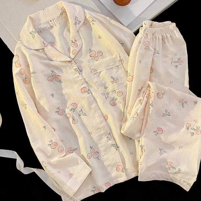 Damen Pyjama Herbst Frühling Langarm Weiche Nachtwäsche Set Kirsche Floral Cartoon Pyjama Frau Home Nachtwäsche Set Strickjacke XXL von Joom DACH