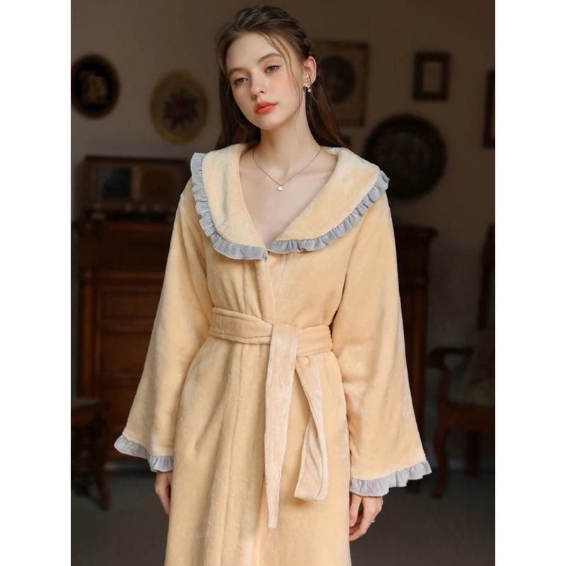 Damen Pyjama Morgenmantel Vintage Nachthemd Damen Herbst Winter Plüsch Verdickt Lang Bademantel Französische Prinzessin Süßes Mädchen Hauskleidung XL gelb von Joom DACH