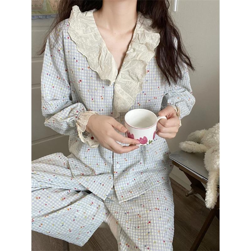 Damen Pyjama Neu Herbst Frühling Langarm Weiches Schlafanzug Set Gestreift Spitze Palast Pyjama Frau Hausnachtwäsche Set Cardigan XXL von Joom DACH