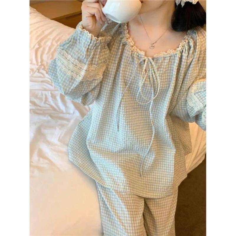 Damen Pyjama Neu Herbst Frühling Langarm Weiches Schlafanzug-Set Karo Cartoon Pyjama Frau Haus Nachtwäsche Set Strickjacke L von Joom DACH