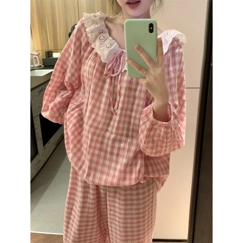 Damen Pyjama Neu Herbst Frühling Langarm Weiches Schlafanzug-Set Karo Cartoon Pyjama Frau Haus Nachtwäsche Set Strickjacke L von Joom DACH